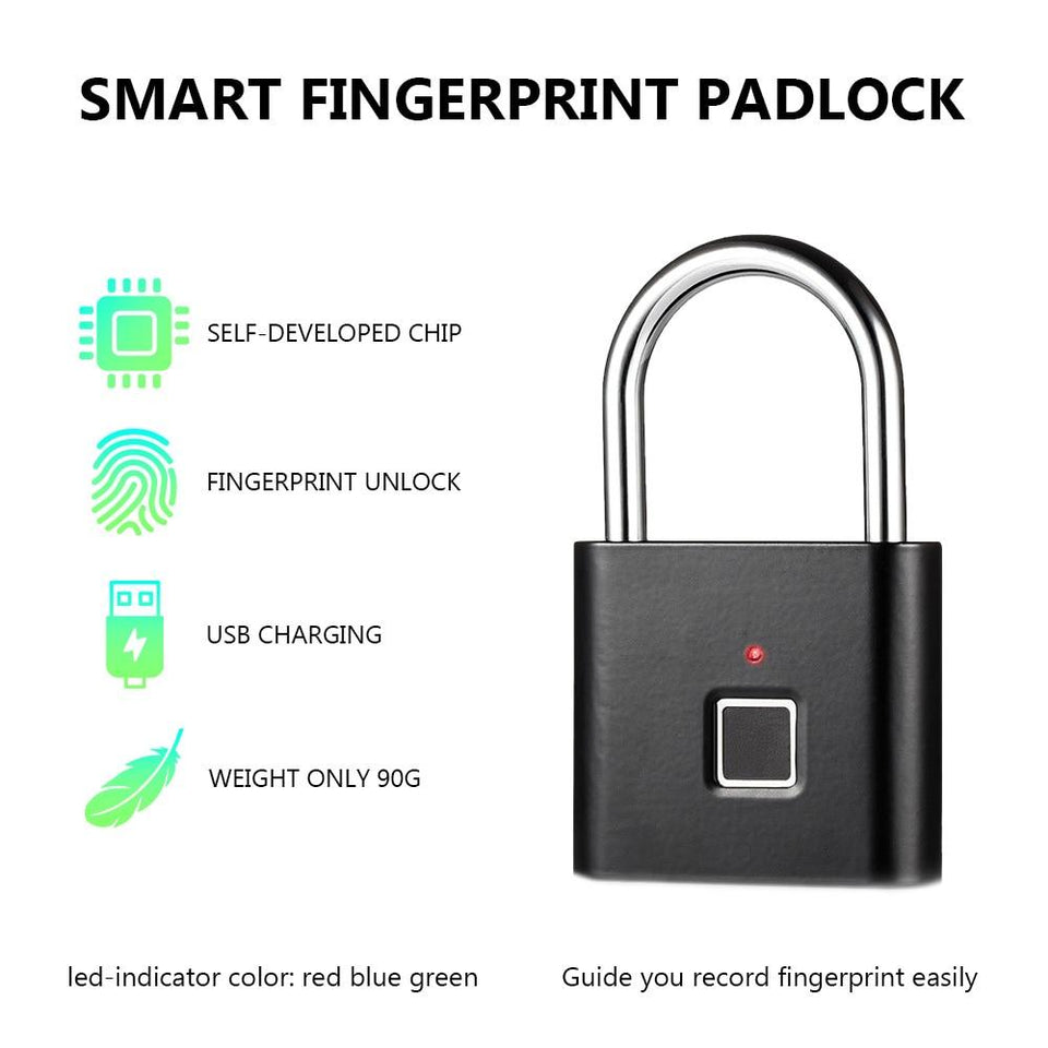 Golden security keyless USB rechargeable door lock fingerprint smart padlock quick unlock Zinc alloy metal self developing chip
